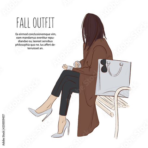 Beautiful young woman sitting in park in coat, jeans, high heels. Fashion model posing. Fashion girl with bag. Hand drawn modern model style.  Sketch. Vector illustration.