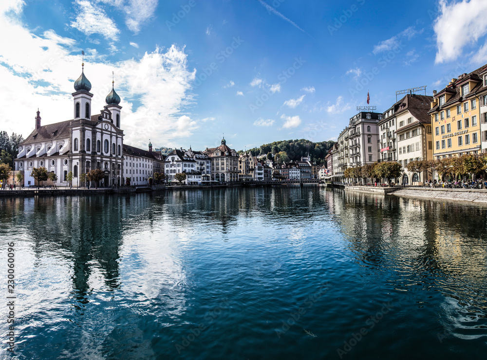 Panorama view of Lucerne, Switzerland, from the Rathaussteg