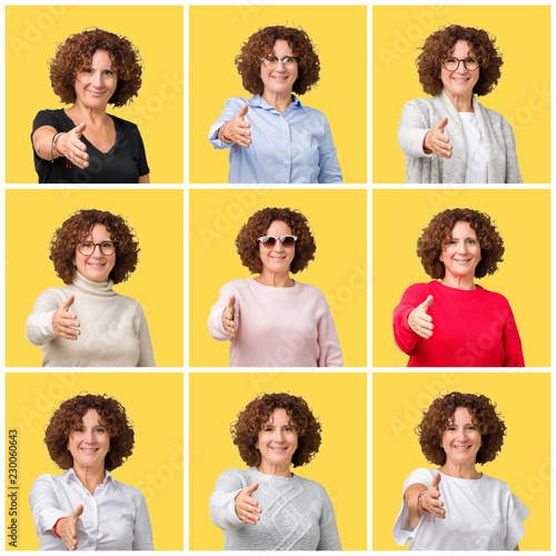 Collage of middle age senior woman over yellow isolated background smiling friendly offering handshake as greeting and welcoming. Successful business.