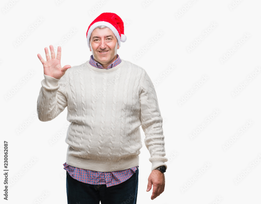 Handsome senior man wearing christmas hat over isolated background showing and pointing up with fingers number five while smiling confident and happy.
