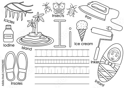 Letter I. English alphabet. Educational game for children. Writing practice and coloring book. Vector illustration