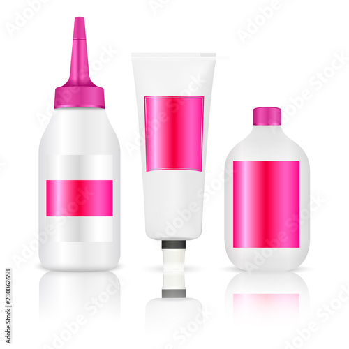 Hair cosmetic bottles set. Creme gloss paint blank template mock up with label. High quality Vector Illustration packaging.