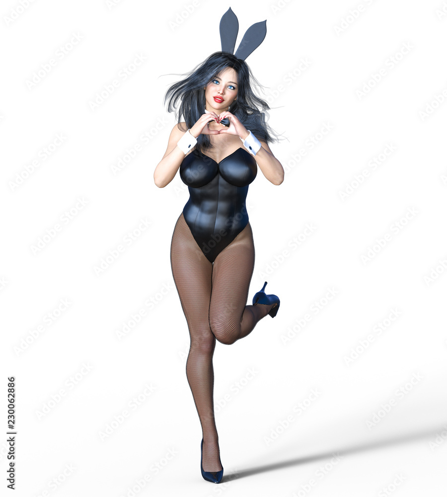 Bunny Girl. Sexy woman long legs in black fishnet tights. Black swimsuit and shoes. Conceptual fashion art. Blue eyes. Seductive candid pose. Photorealistic 3D render illustration. Isolate. Studio. Bunny Girl. Sexy woman long legs in black fishnet tights. Black swimsuit and shoes. Conceptual fashion art. Blue eyes. Seductive candid pose. Photorealistic 3D render illustration. Isolate. Studio.