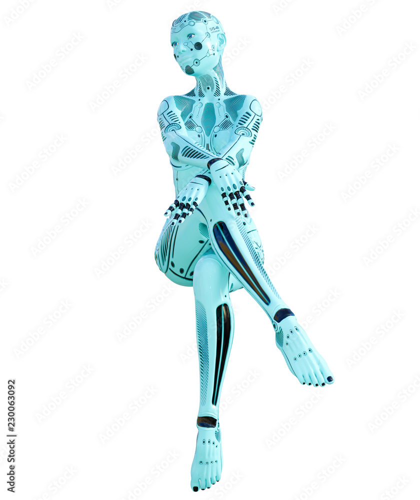 Dance robot woman. Metal azure droid. Artificial Intelligence. Conceptual fashion art. Realistic 3D render illustration. Studio, isolate, high key.