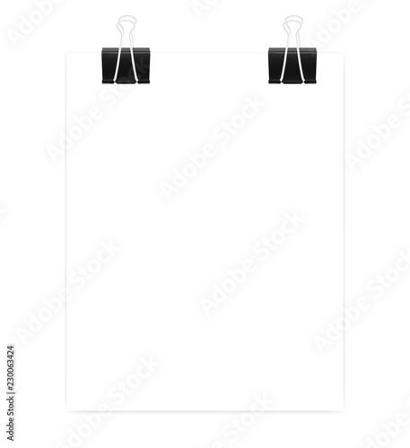 Empty white paper sheet with black binder clips vector mock-up