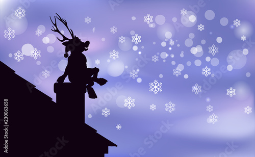 Reindeer Santa Claus Artwork background Happy Christmas, Young fawn is a black silhouette sitting on chimney, enjoyed night snowfall. The view from the roof vector illustration