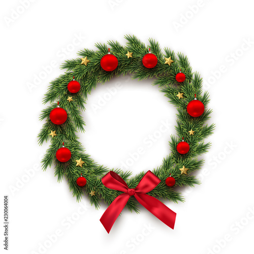 Fir wreath with red Christmas balls, bow and golden stars isolated on white background. Vector design element.