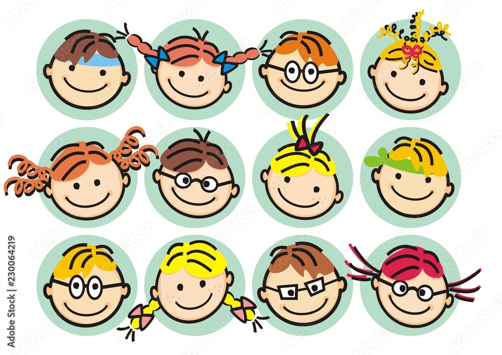 Faces od girls and boys, happy kids, vector illustration