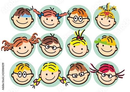 Faces od girls and boys, happy kids, vector illustration