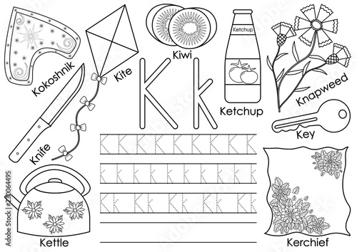 Letter K. English alphabet. Writing practice and coloring book. Education for children.