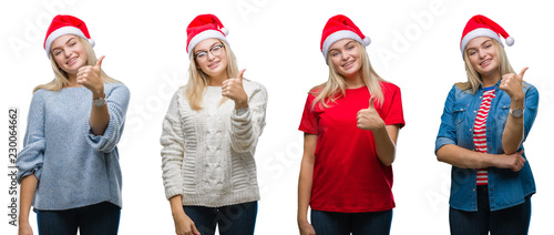 Collage of young beautiful blonde woman wearing christmas hat over white isolated backgroud doing happy thumbs up gesture with hand. Approving expression looking at the camera with showing success. © Krakenimages.com
