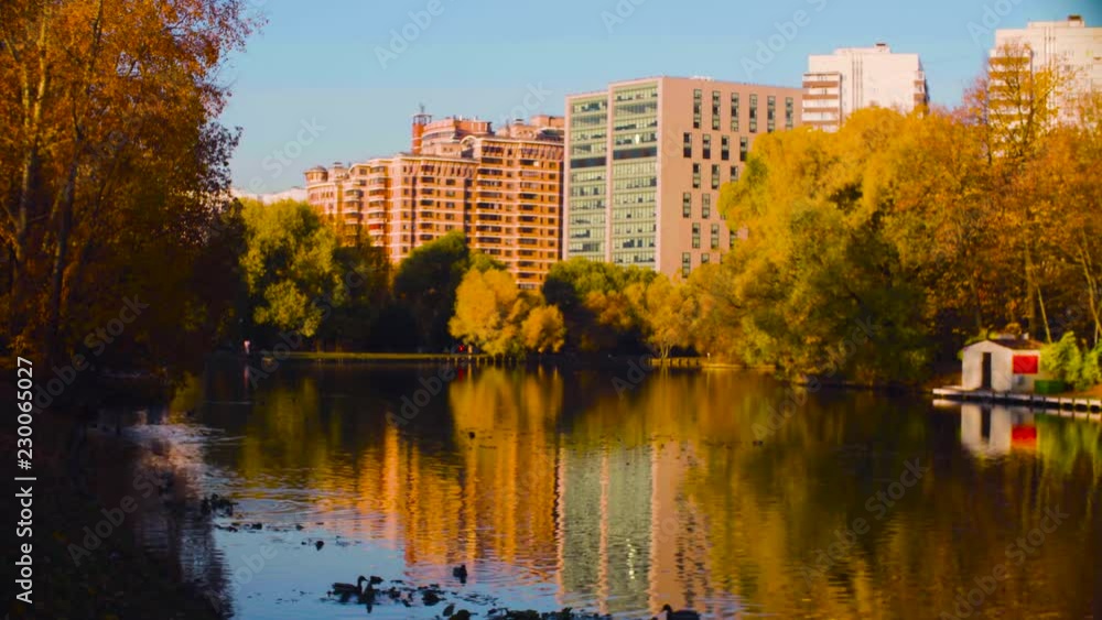 Lake in the city in autumn, colorful trees reflected in the water Lake in the city in autumn, colorful trees reflected in the water