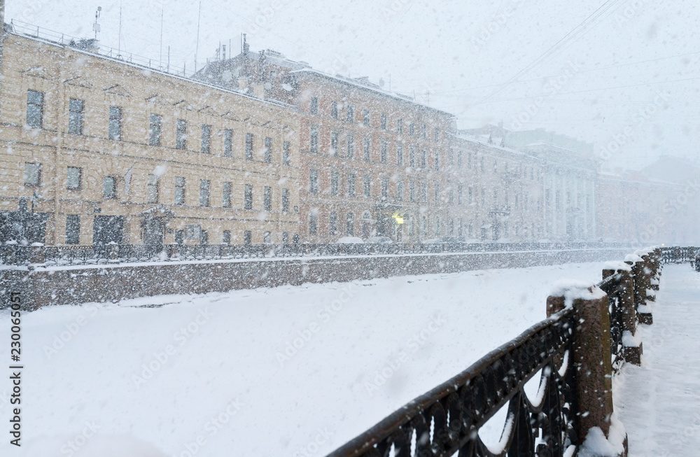 St. Petersburg in the winter. Embankment of the river Moika in heavy snow
