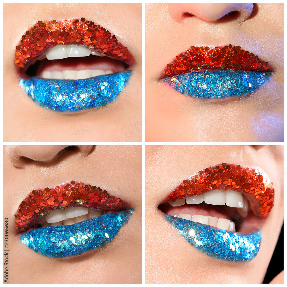 Obraz premium Set with beautiful woman, focus on lips. Creative makeup