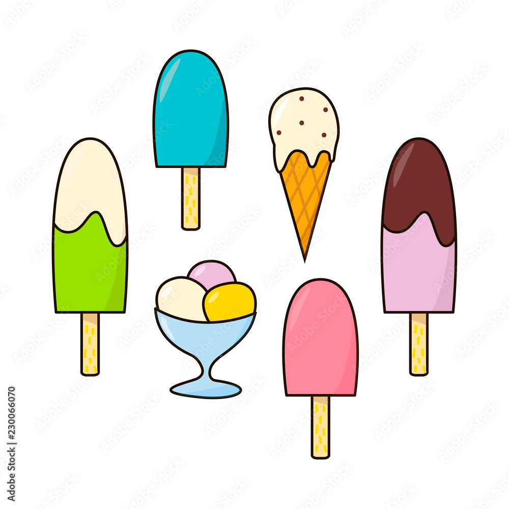 Set with hand drawn ice-creams. Vector illustration in cartoon style Set with hand drawn ice-creams. Vector illustration in cartoon style