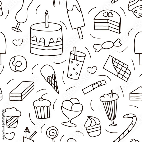 Seamless pattern with hand drawn sweets elements in doodle style. Vector illustration on white background.
