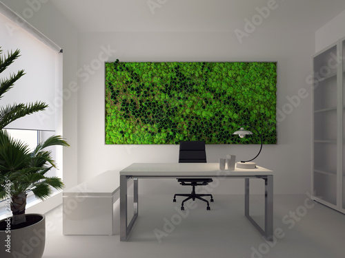 green wall in modern white office. 3d rendering