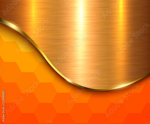 Orange metallic background, hexagonal pattern with silver wave and metal texture