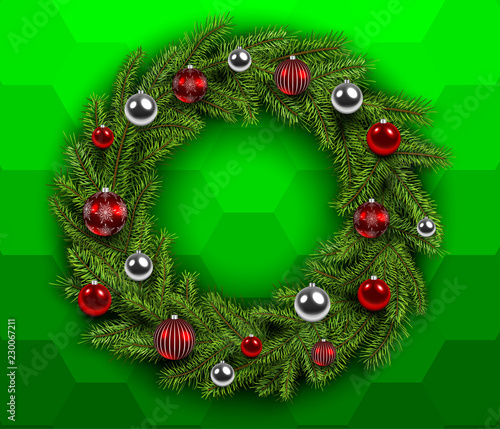 Christmas wreath and shiny balls background