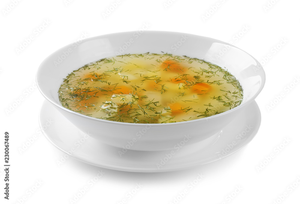 Bowl of fresh homemade soup to cure flu on white background