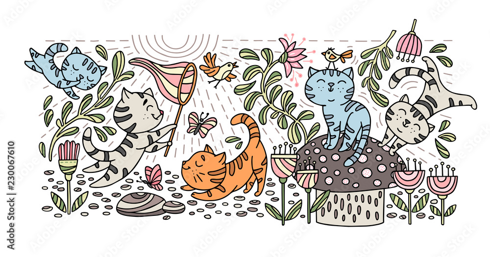 Obraz premium Hand drawn playful kittens with birds, butterfly, flowers