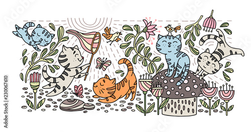 Hand drawn playful kittens with birds, butterfly, flowers