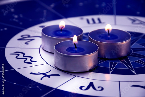 Blue horoscope with zodiac signs and three candles like astrology concept  photo