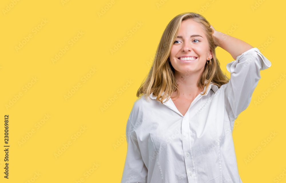 Beautiful young business woman over isolated background Smiling confident touching hair with hand up gesture, posing attractive Beautiful young business woman over isolated background Smiling confident touching hair with hand up gesture, posing attractive