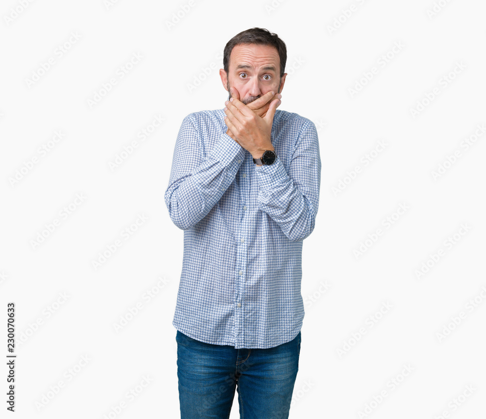 Handsome middle age elegant senior man over isolated background shocked covering mouth with hands for mistake. Secret concept. Handsome middle age elegant senior man over isolated background shocked covering mouth with hands for mistake. Secret concept.