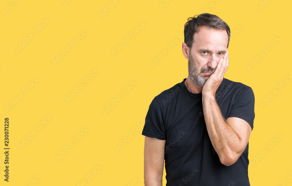 Handsome middle age hoary senior man over isolated background thinking looking tired and bored with depression problems with crossed arms. Handsome middle age hoary senior man over isolated background thinking looking tired and bored with depression problems with crossed arms.