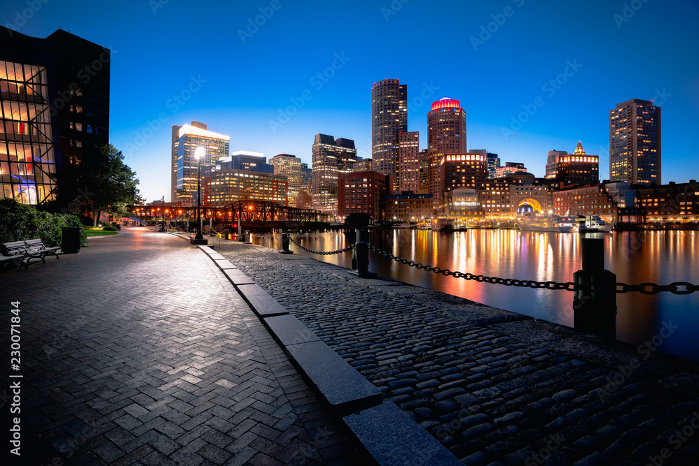 Boston harbor at dusk in Boston Massachusetts USA