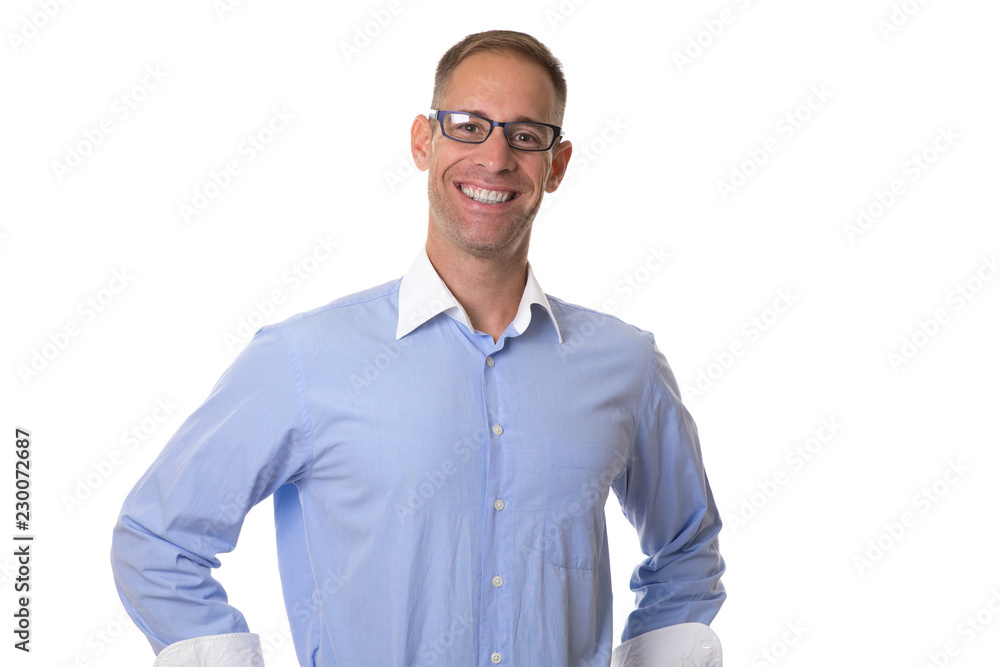 young boy with blue shirt and cheerful short hair glasses with white background young boy with blue shirt and cheerful short hair glasses with white background
