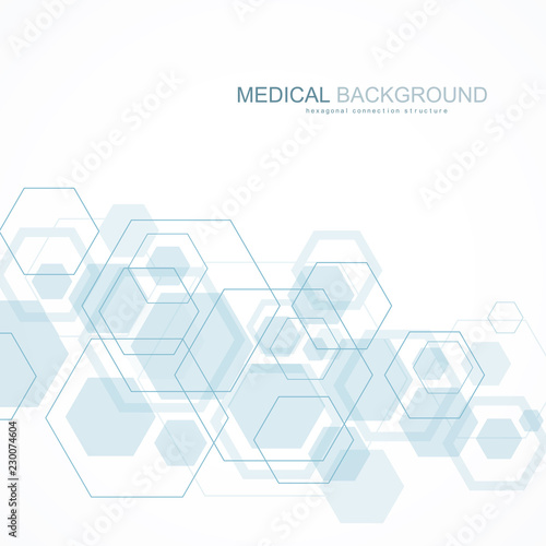 Abstract medical background DNA research, molecule, genetics, genome, DNA chain. Genetic analysis art concept with hexagons, lines, dots. Biotechnology network concept molecule, vector illustration