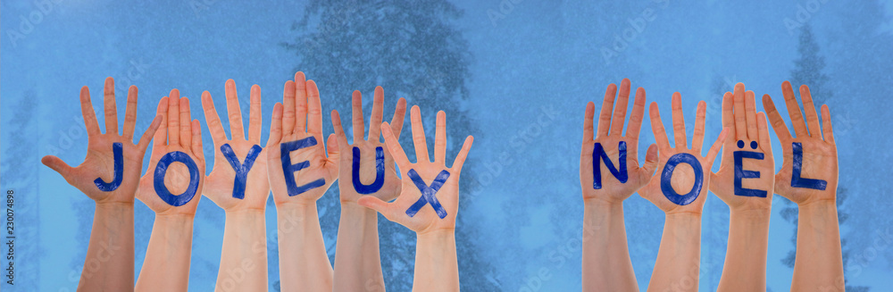 Many Hands Building Joyeux Noel Means Merry Christmas, Cold Winter Forest Many Hands Building Joyeux Noel Means Merry Christmas, Cold Winter Forest