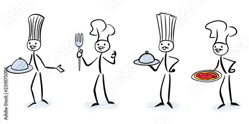 Set of stylized chefs holding kitchen cloche or pizza - Sick figure vector illustration