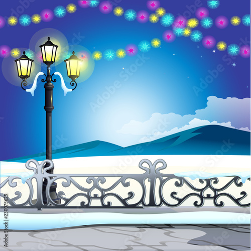 Winter sketch on the background of snowy hills and vintage street lamp with colorful garlands. Sample of Christmas and New year greeting card, festive poster or party invitations. Vector illustration.