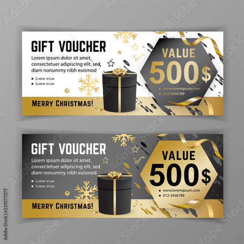 Vector gift voucher template. Universal flyer black gold design elements. Gift voucher value 500 dollars for department stores, business. Abstract background.