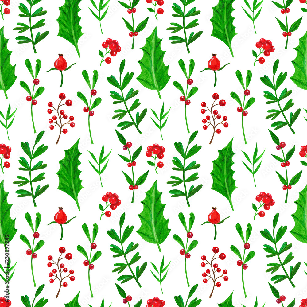 Seamless pattern with Christmas flowers, leaves, sprigs in the technique of gouache Seamless pattern with Christmas flowers, leaves, sprigs in the technique of gouache