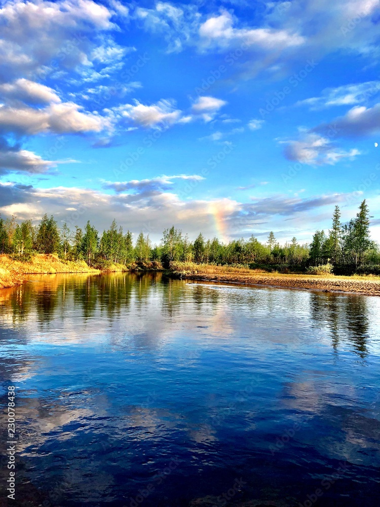 landscape with lake and blue sky
