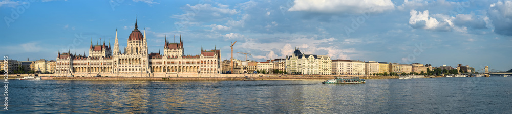 Panorama of Parliament building and river Danube in Budapest, Hungary