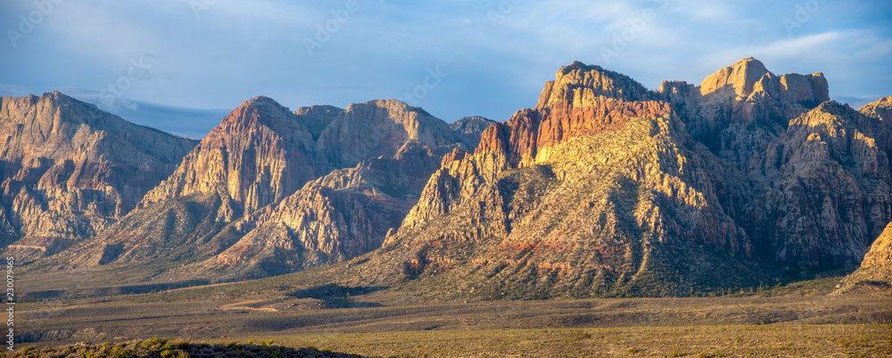 Morning sunlight highlights many colors in scenic Red Rock Canyon National Conservation Area in Las Vegas, Nevada