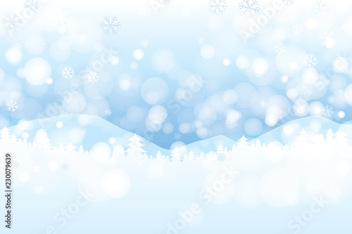 Winter landscape with snowflakes and bokeh background. Vector illustration