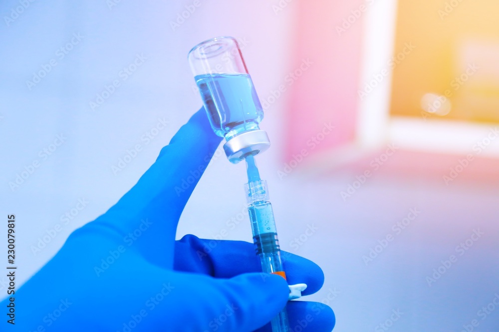 Medical hand glove blue molding vial vaccine hypodermic needle syringe