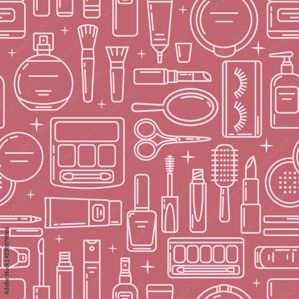 Vector seamless pattern with flat line cosmetics icons on pink background. Pattern on the theme of beauty and make up. Vector illustration. Vector seamless pattern with flat line cosmetics icons on pink background. Pattern on the theme of beauty and make up. Vector illustration.