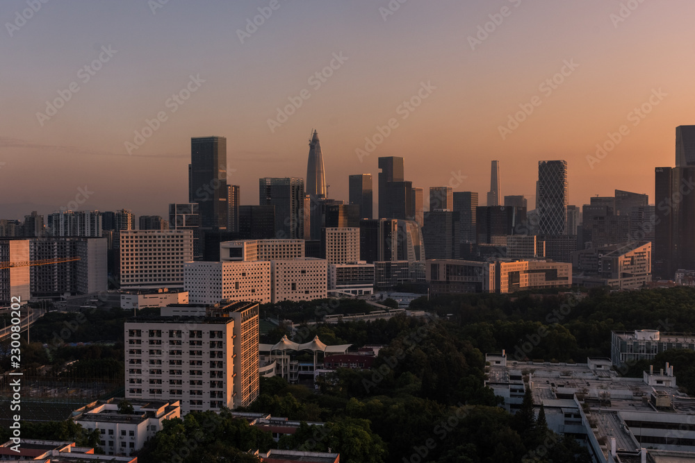 Sunset over the modern skyline of Shenzhen, China