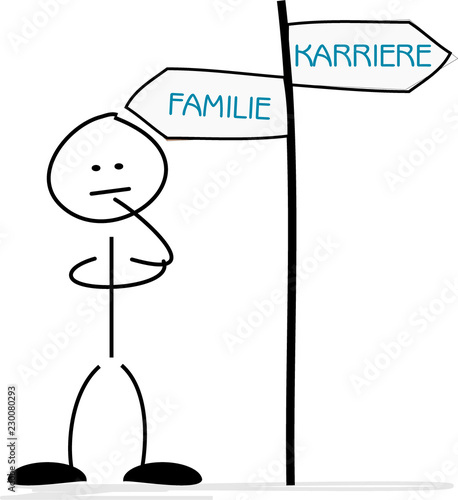 Strichmännchen steht vor der Entscheidung: Familie oder Karriere