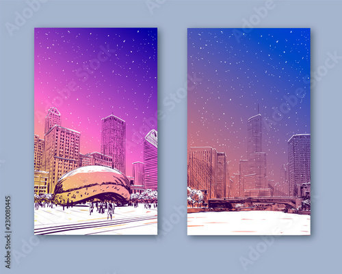 Trendy cover template. Winter city. Merry Christmas and New Year card design. Chicago. USA. Hand drawn. Street sketch, vector illustration