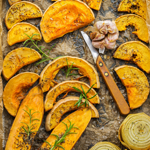 Baked roasted grilled orange pumpkin butternut squash and sweet potato photo