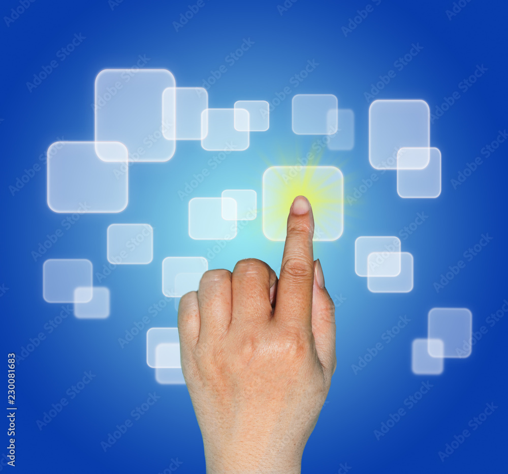 Close up of finger touching on blue toned screen or light button. Close up of finger touching on blue toned screen or light button.