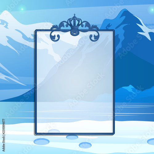 Winter sketch with space for your text on the background of snowy slope of the mountains. Sample of Christmas and New year greeting card, festive poster or party invitations. Vector illustration.